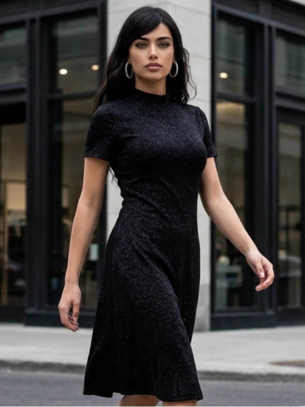 2 for $30 | Classic Black Short-Sleeve Midi Dress with Mock Neck
